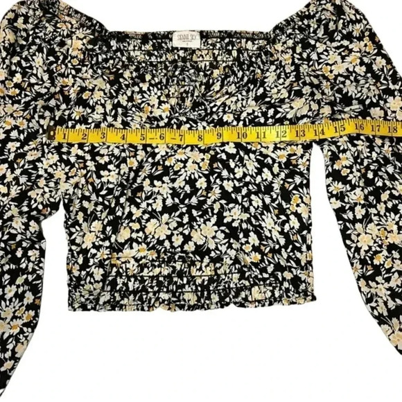 Sienna Sky Small Black Yellow Floral Square Neck Crop Smocked Top - Picture 8 of 14